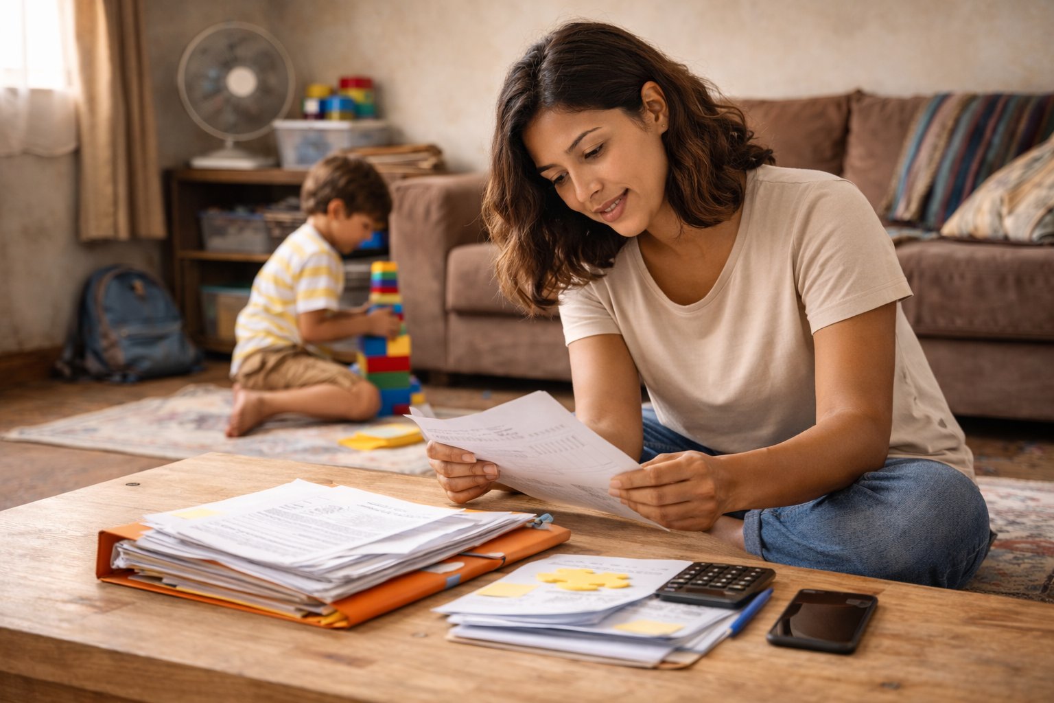 Mãe organizando documentos