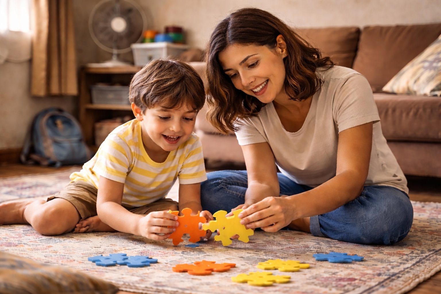 Mãe e filho com peças de puzzle